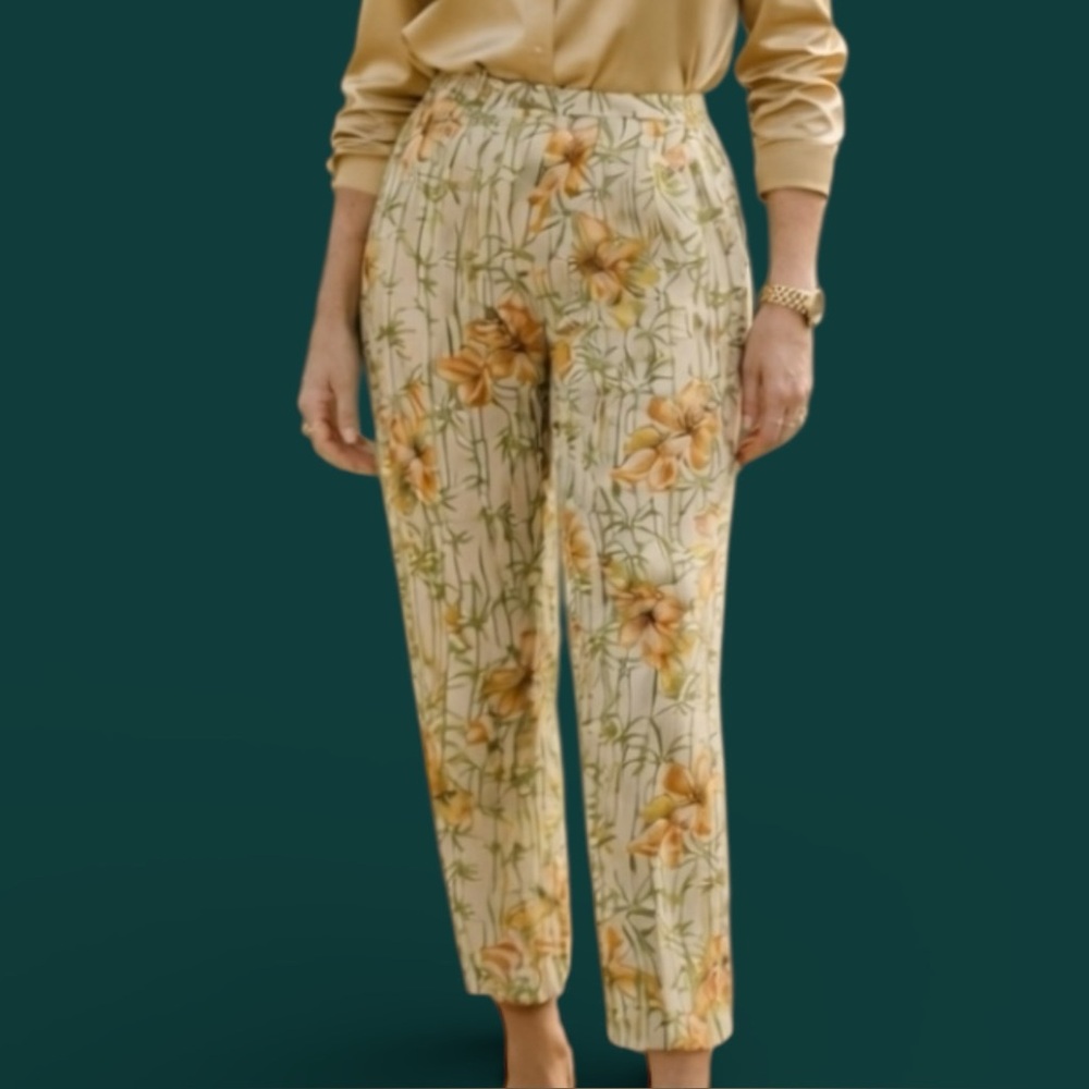 Adrianna Papell 100% Silk Ankle Pants Womens 8 Beaded Hibiscus Floral Tropical